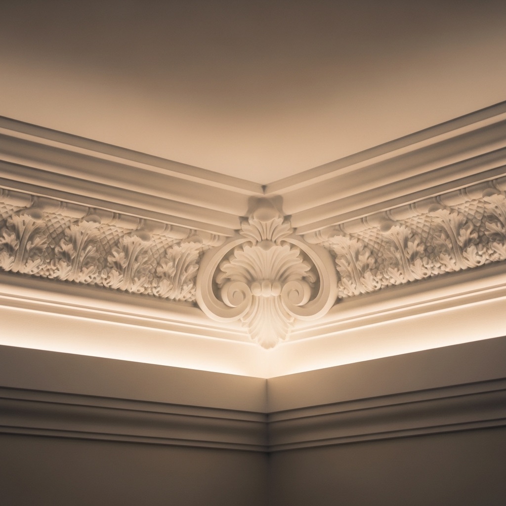 Ornate crown molding and ceiling rose detail