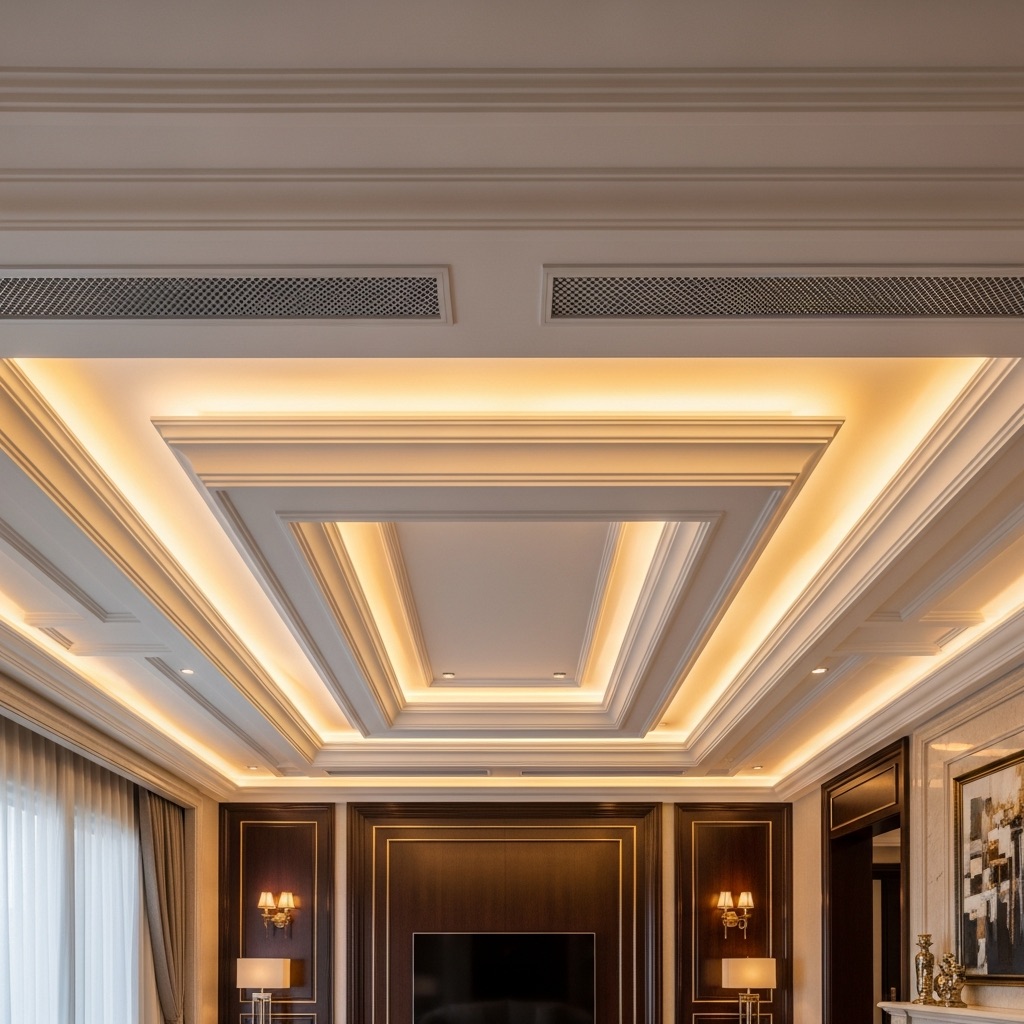 Luxury ceiling with ornate crown molding and LED lighting